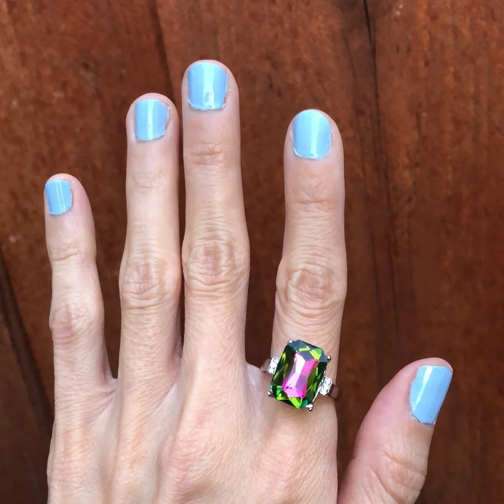 Emerald Cut Heliotrope Crystal + Cubic Zirconia Silver Ring